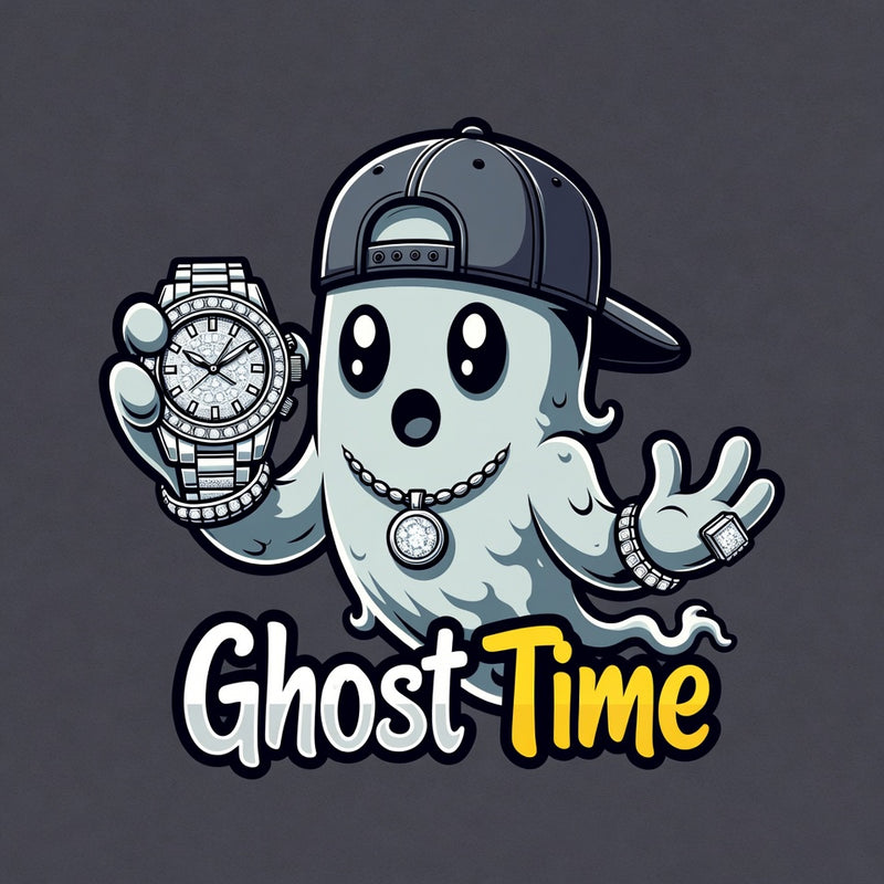 Ghost Time mascot holding an iced out moissanite watch