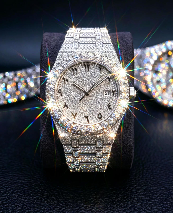 GhostTime™ Silver Moissanite Arabic Dial Iced-Out Luxury Watch